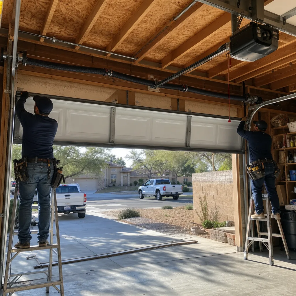 Two technicians installing a new residential garage door on ladders.