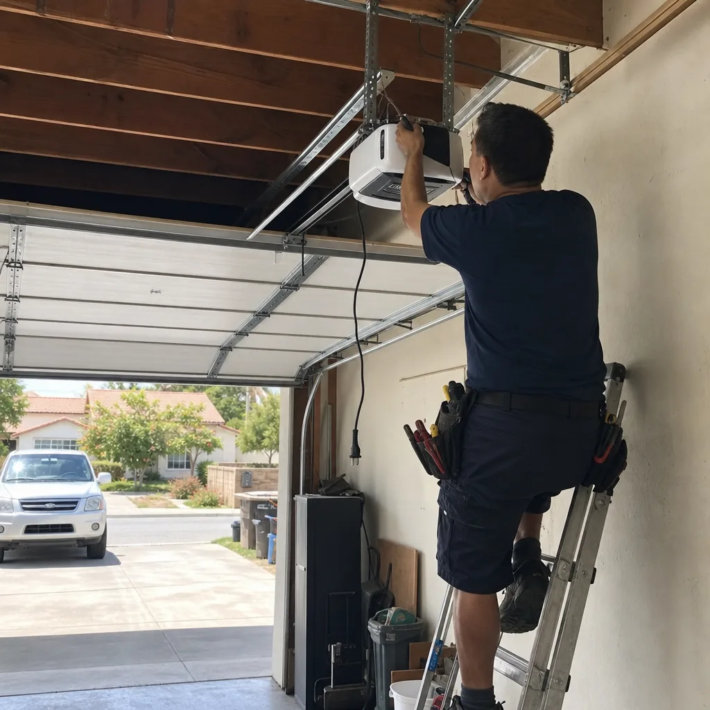 Technician performing garage door opener repair and installation