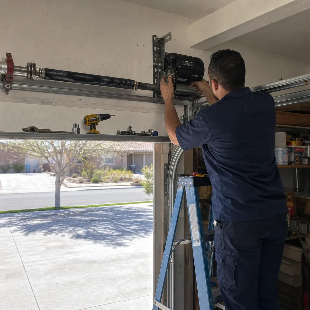 Technician performing professional garage door opener repair and installation.