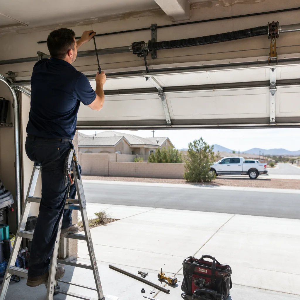 Professional technician performing garage door spring repair