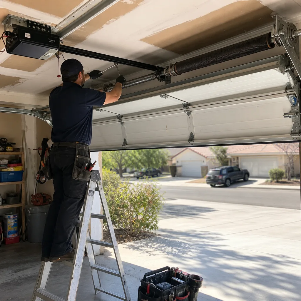 Technician performing professional garage door spring repair and maintenance