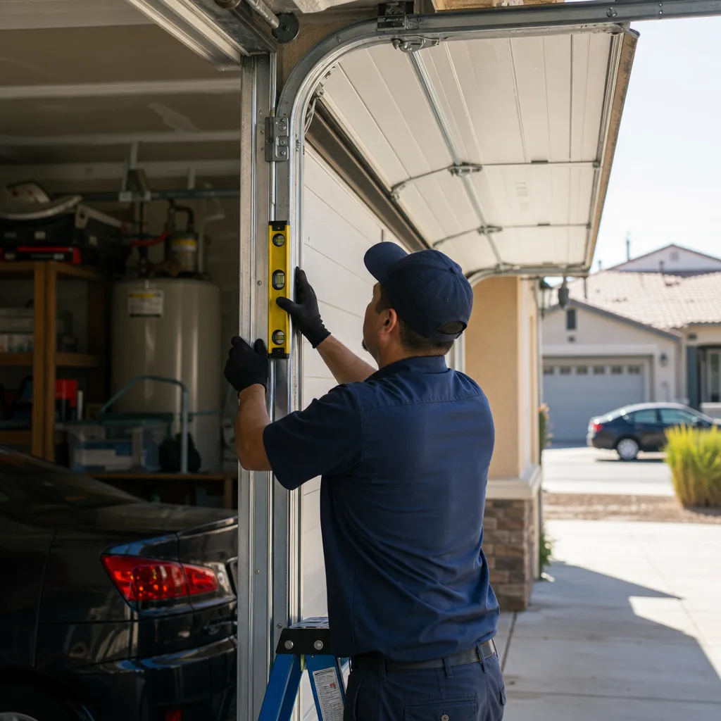 Technician using a level to repair a residential garage door track